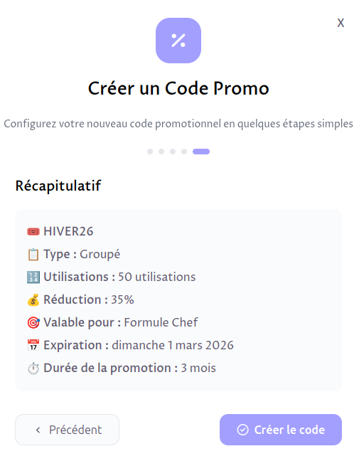 capture d'écran du récapitulatif du code promo au moment de sa création