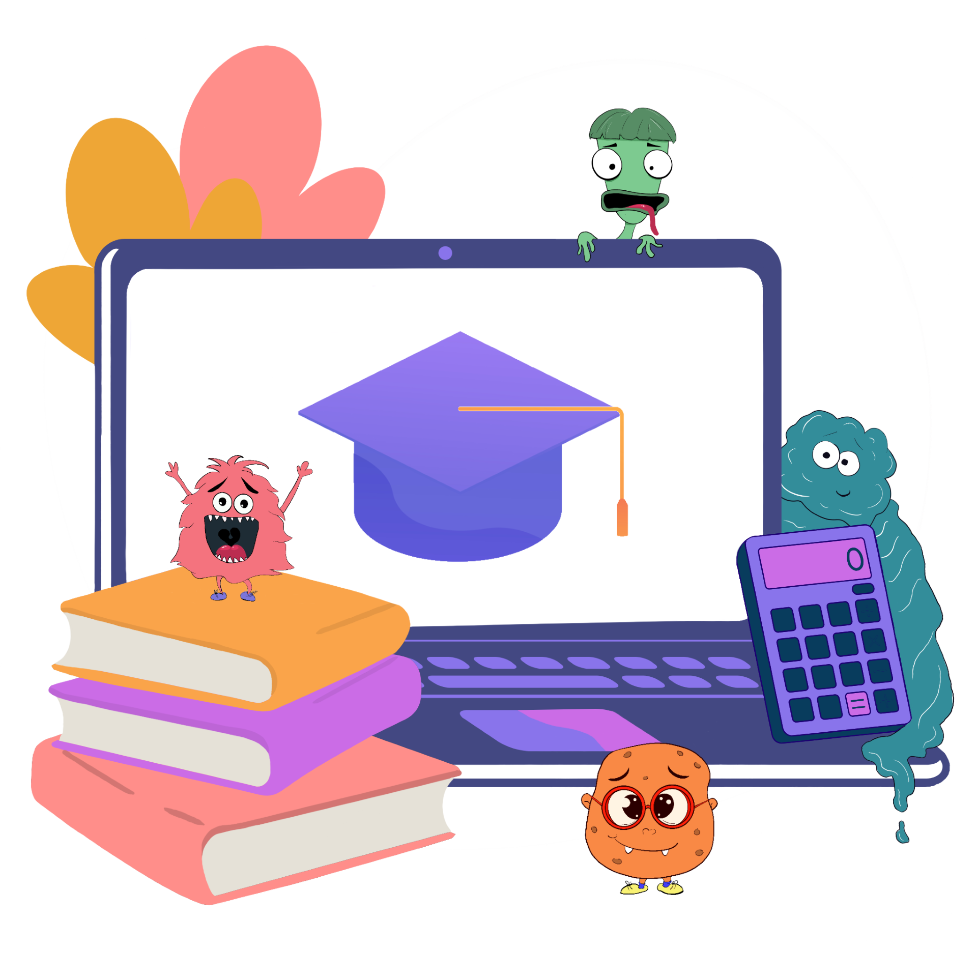Illustration d'un ordinateur portable avec trois livres, une calculatrice et les petits monstres Weyzou autour