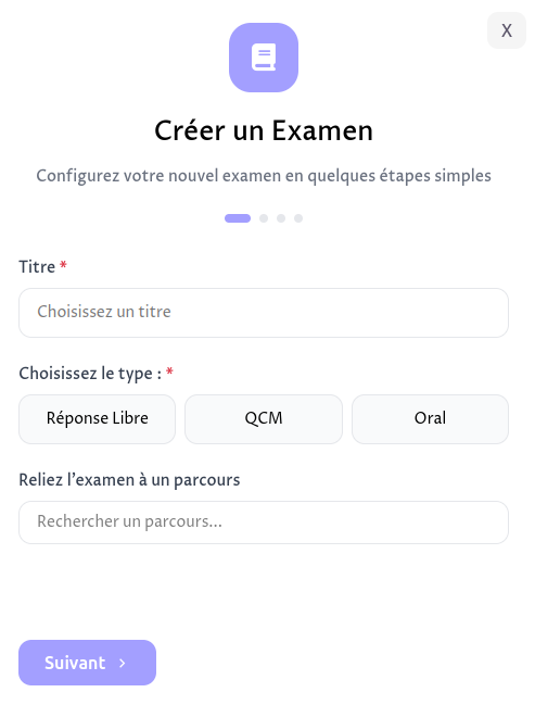 capture d'écran de la modale permettant de créer un examen