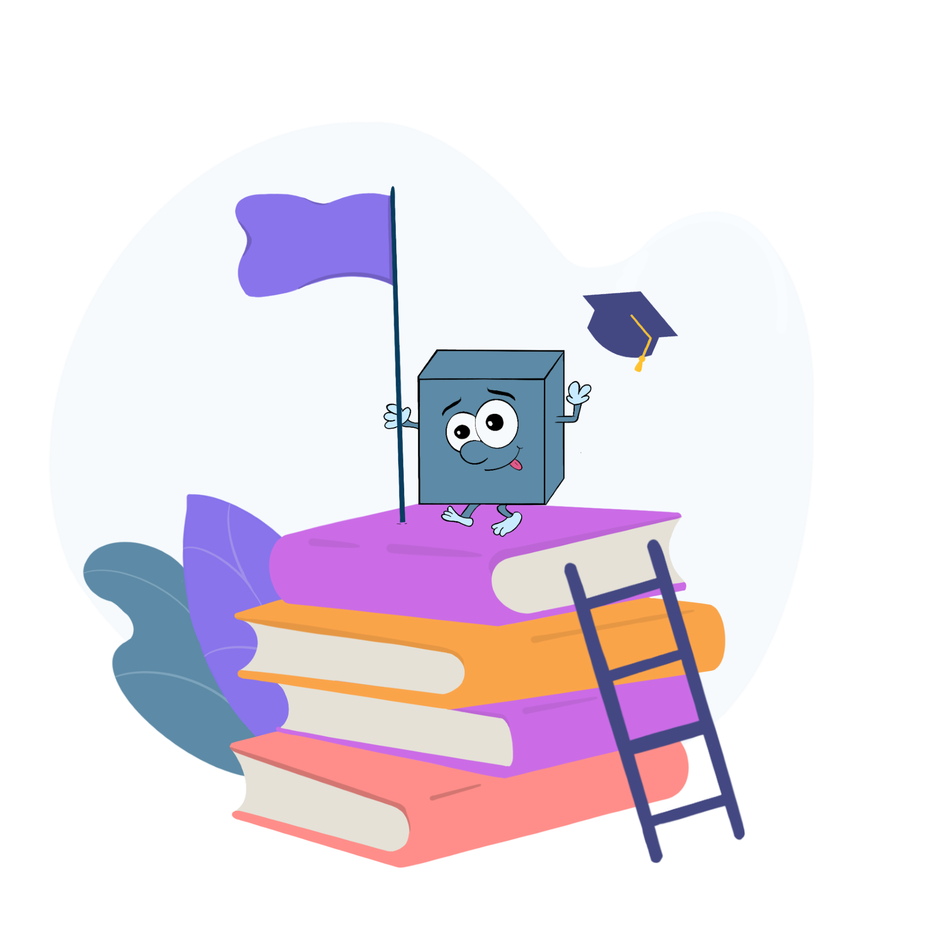 Illustration d'un personnage au sommet d'une pile de livres, plantant un drapeau